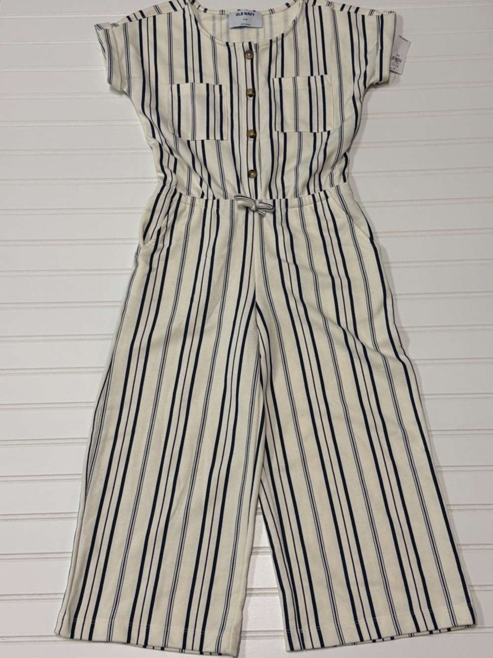Old Navy Cream and Navy Vertical-Stripe Button-Front Crop Jumpsuit